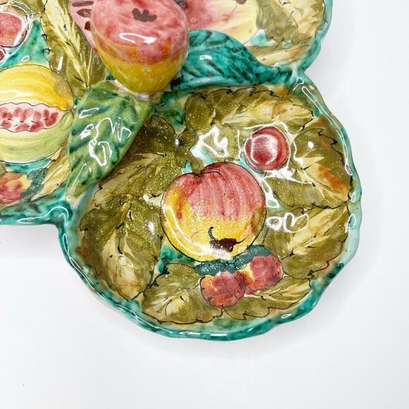 Vintage Italian Hand Painted Pottery Majolica Fruits Leaves Divided Serving Dish - Picture 7 of 13